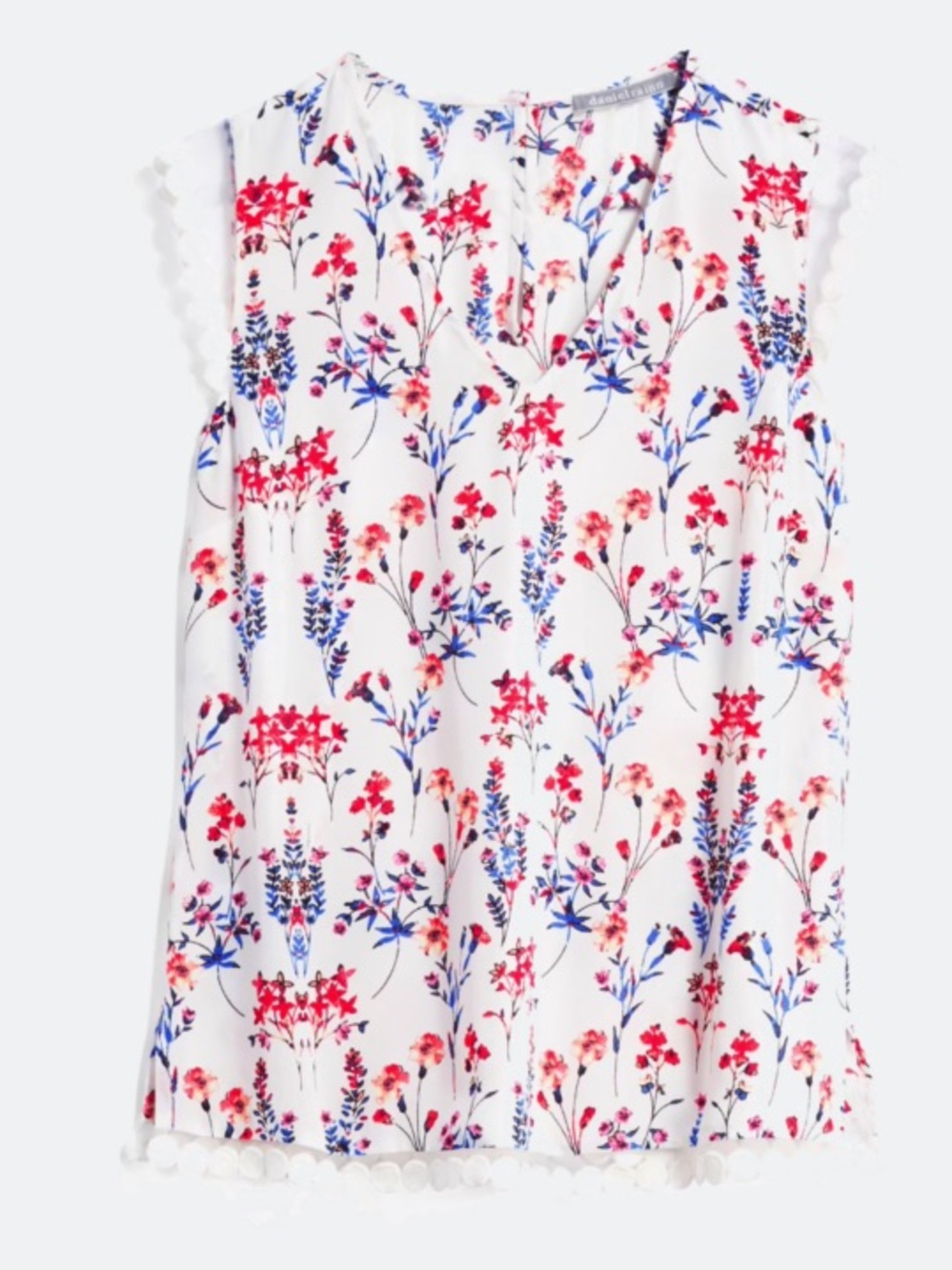 Daniel Rainn White Sleeveless Floral Blouse with Red & Blue Print
